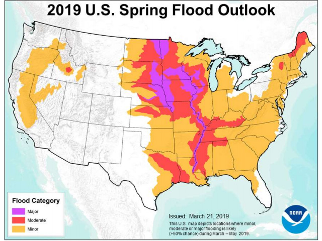 The official spring flood outlook has most of the Midwest and Delta, along with much of the Great Plains, at risk for moderate to major flooding through the 2019 spring. (NOAA graphic)